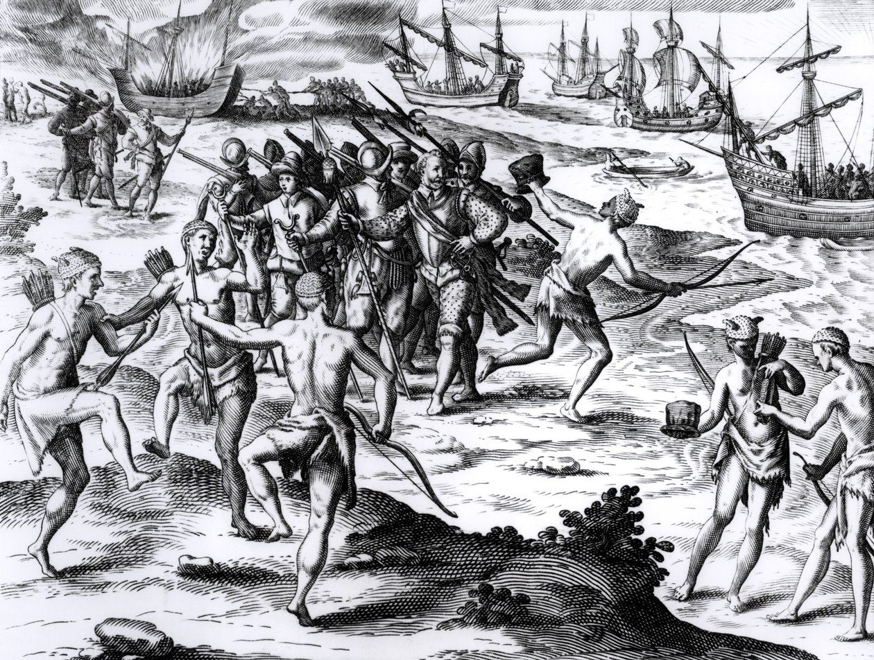 Francis Drake (c.1540-96) en el Nuevo Mundo de English School