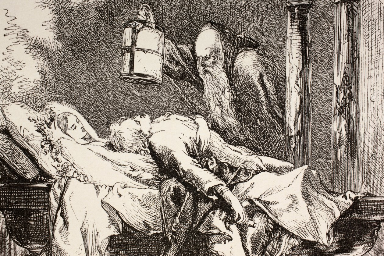 Fray Lorenzo llega a la cripta de los Capuleto y encuentra a Romeo, Julieta y Paris muertos, de 