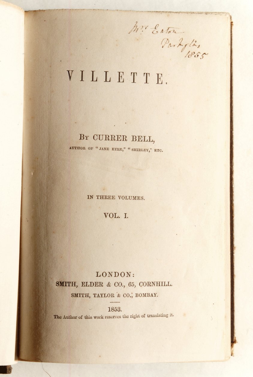 Portada de Villette por Currer Bell, publicada por Smith, Elder & Co. en 1853 de English School