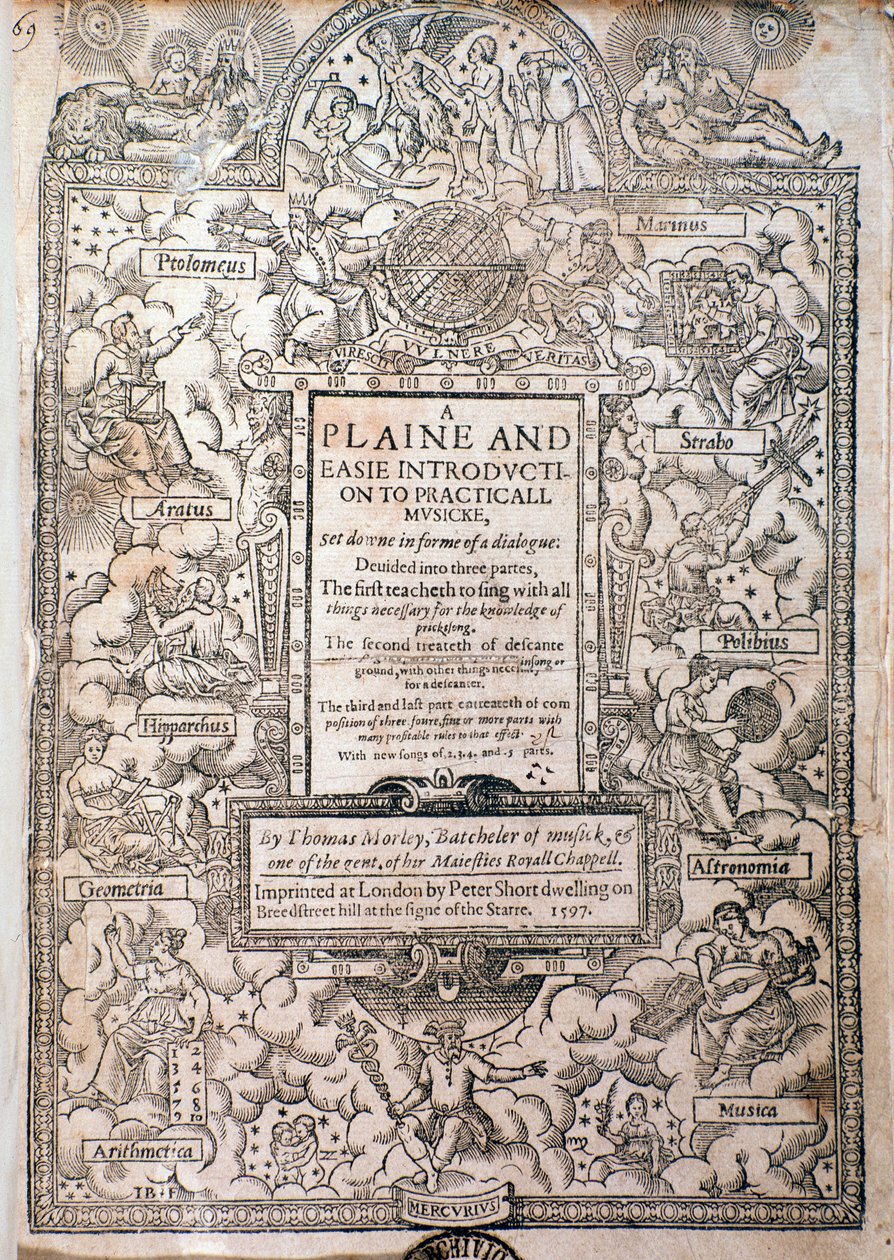 Frontispicio de Una Introducción Llana y Fácil a la Música Práctica por Thomas Morley, Detalle, 1597 de English School