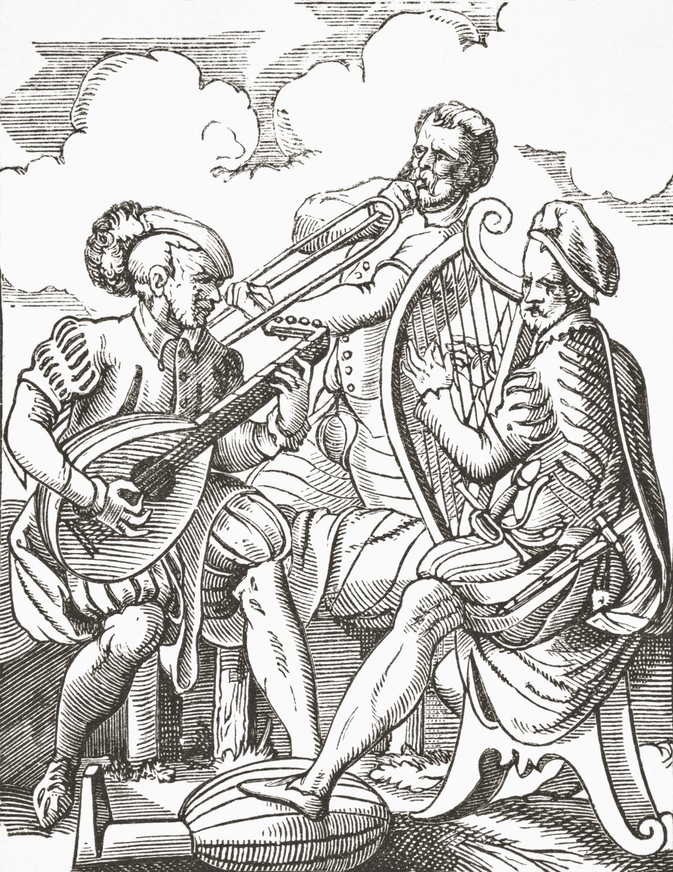 Músicos alemanes tocando el laúd y la guitarra, 1878 de English School
