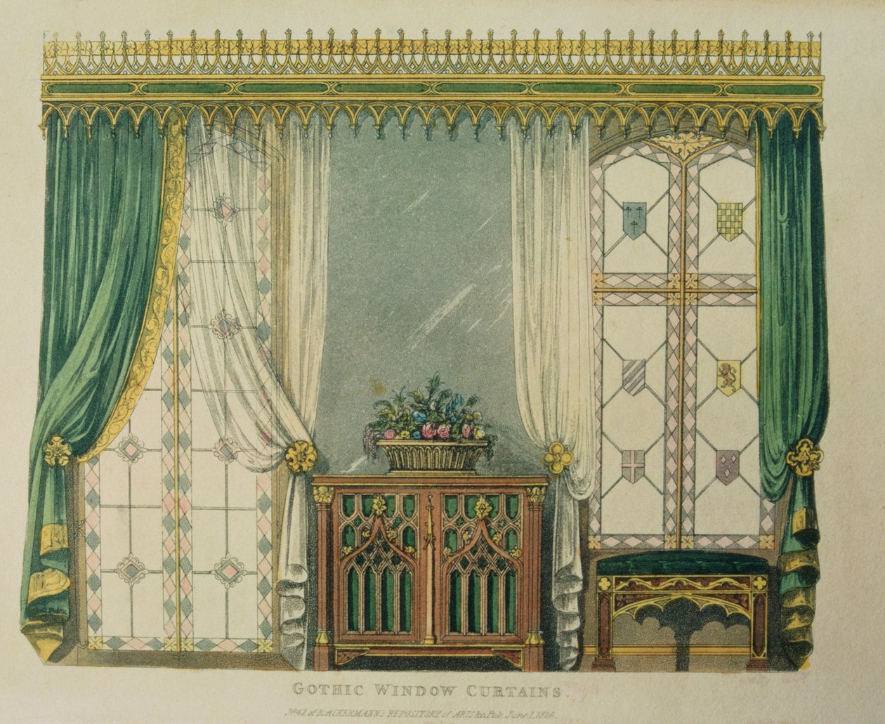 Cortinas de ventana gótica, lámina 161 de Ackermanns Repository of Arts, publicado en 1816 de English School