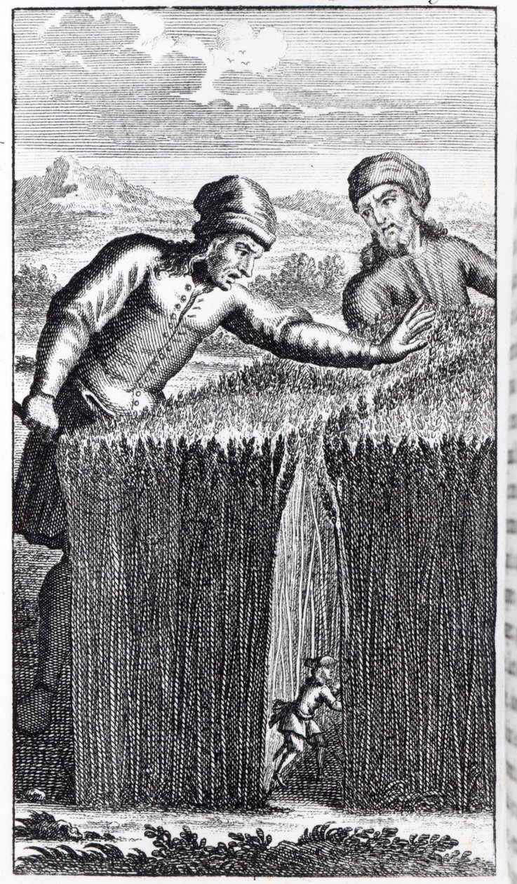 Gulliver es descubierto por un granjero en Brobdingnag, ilustración de 