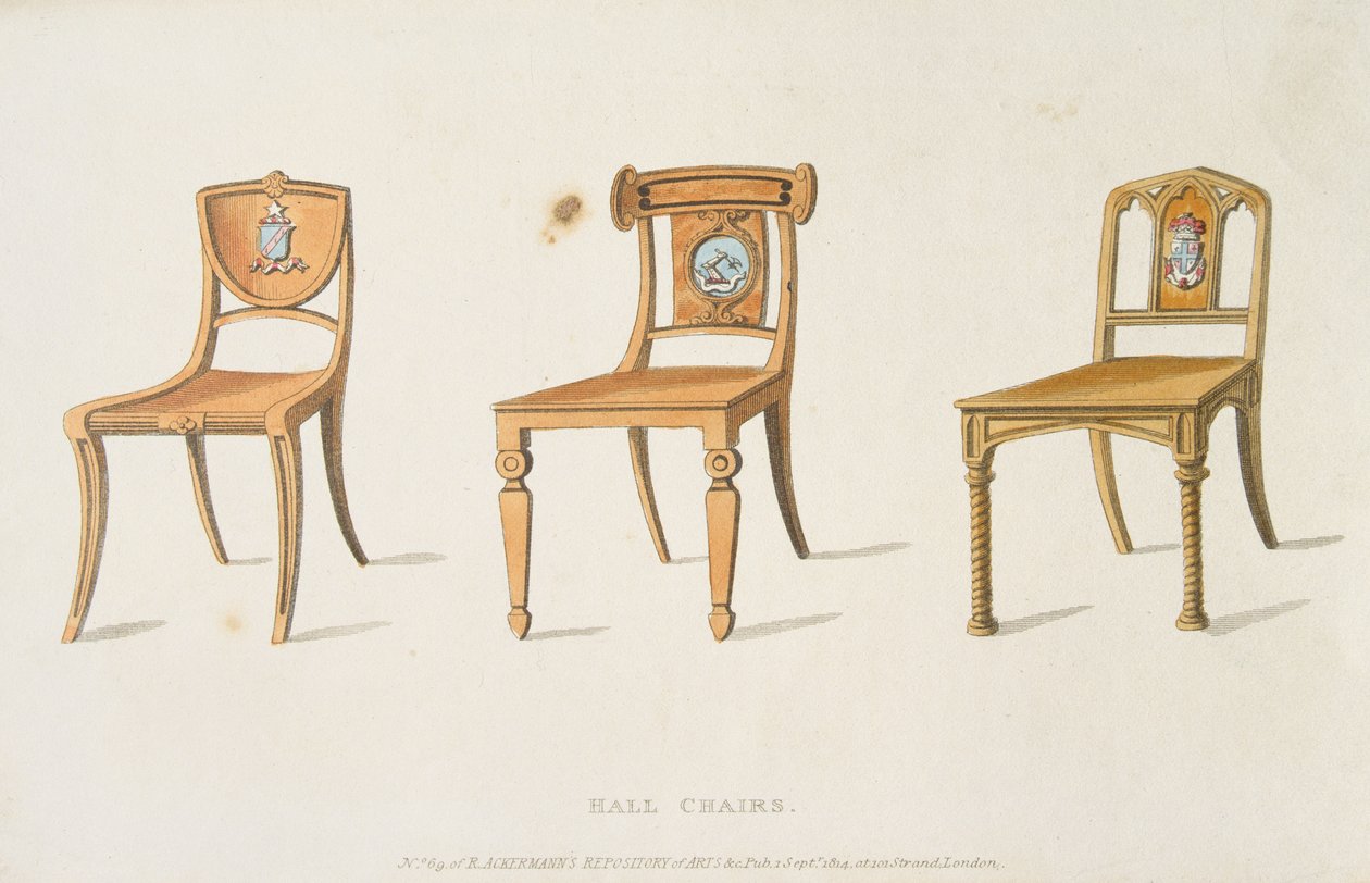 Sillas de vestíbulo, lámina 67 de Ackermanns Repository of Arts, Literature, Commerce, Manufactures, Fashion and Politics, publicado en 1814 de English School