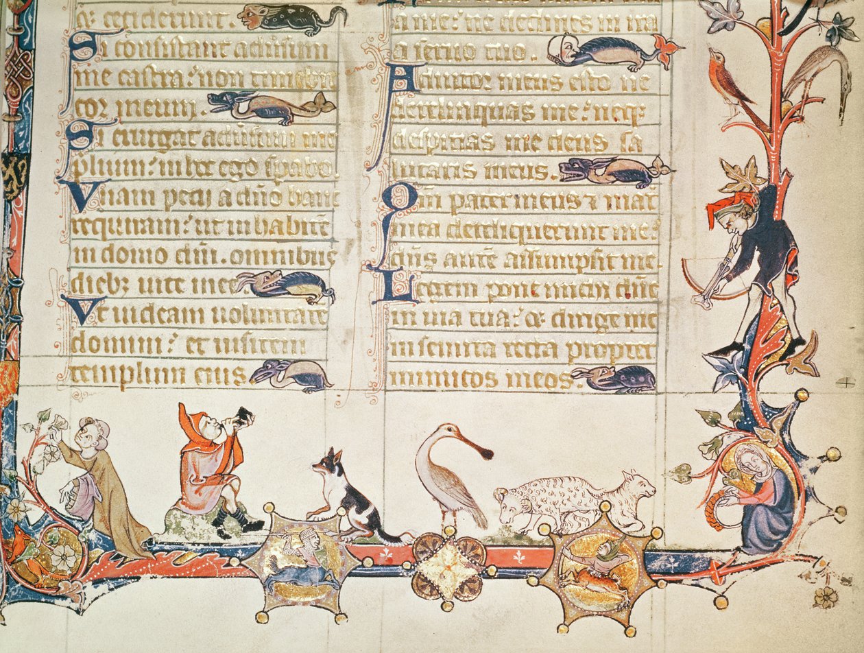 Ilustración de un salterio, que representa varias figuras, una espátula, ovejas, centauros y Reynard el Zorro de English School