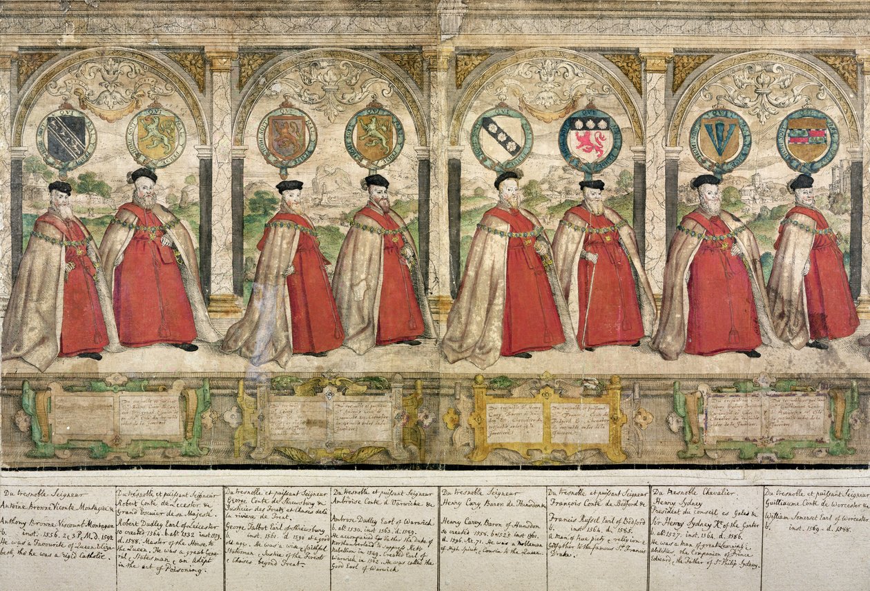 Procesión compuesta imaginaria de los Caballeros de la Jarretera en Windsor, grabado por Marcus Gheeraerts el Viejo, 1576 de English School
