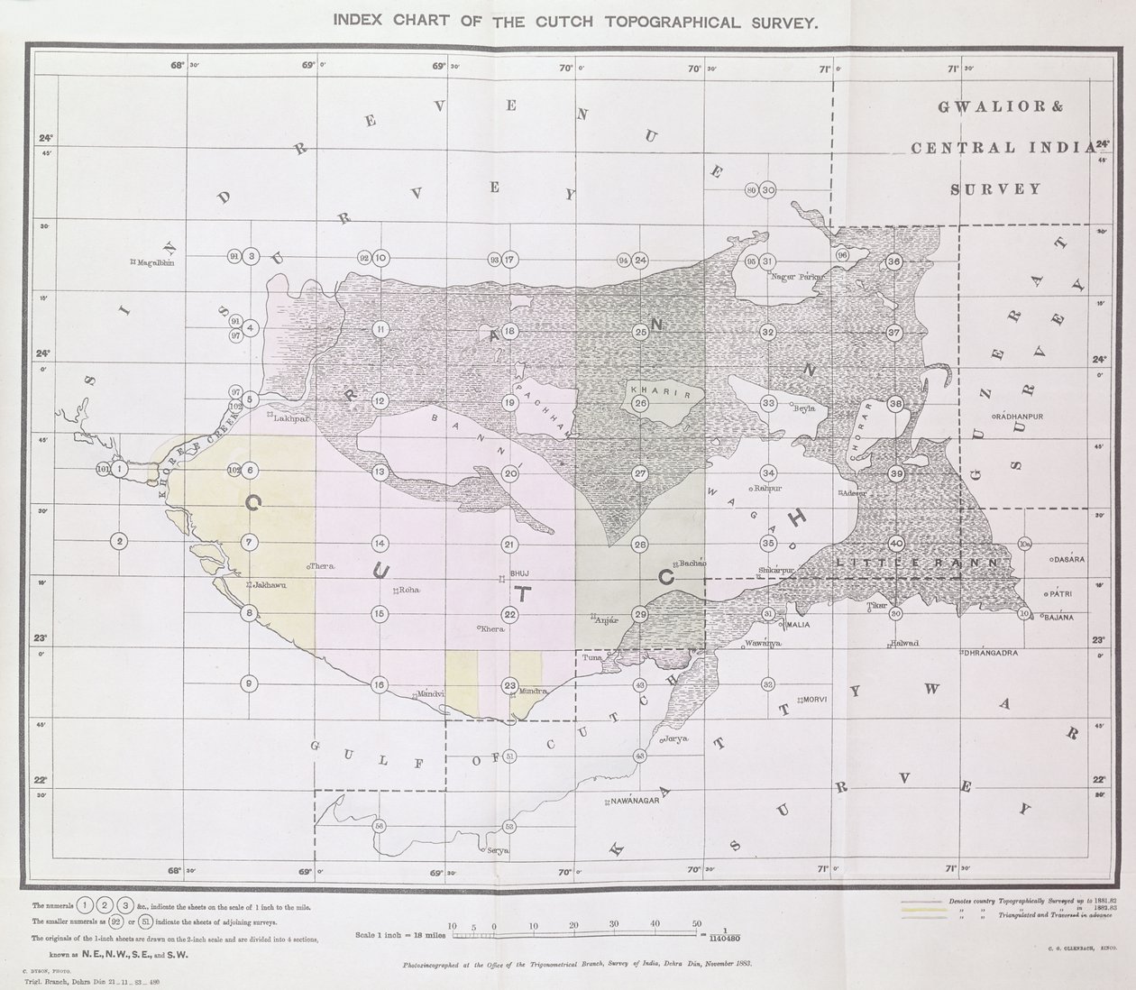 Carta índice del levantamiento topográfico de Cutch por la Rama Trigonométrica, Survey of India, Dehra Dun, noviembre de 1883 de English School