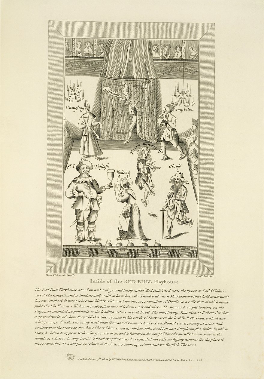 Interior del Red Bull Playhouse, frontispicio de una colección de drolls por Francis Kirkman publicada por primera vez en 1672, publicada por William Herbert y Robert Wilkinson, 1809 de English School