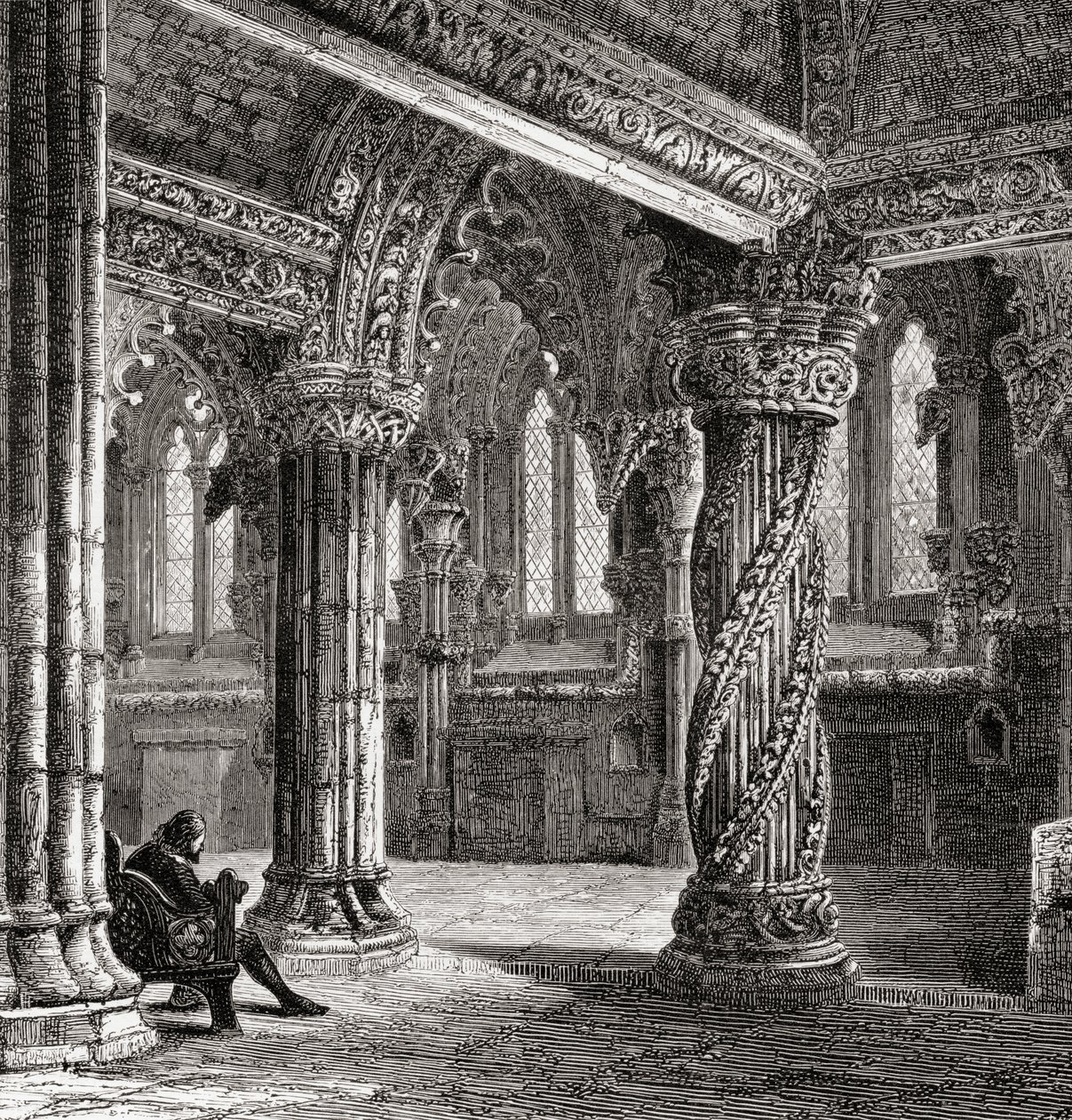 Interior de la capilla de Roslin, con el pilar del aprendiz, de 