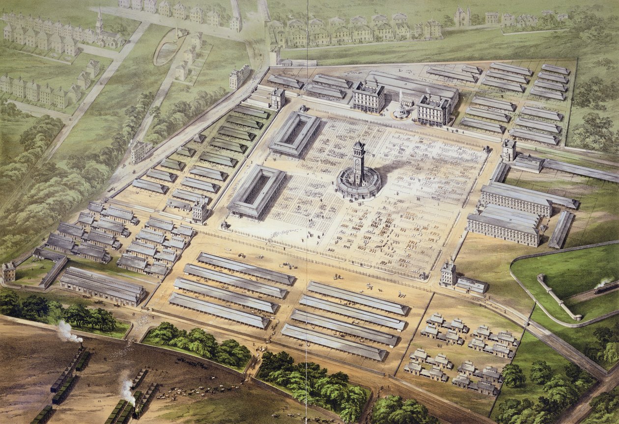 Vista isométrica del nuevo Mercado de Ganado Metropolitano, 1855 de English School