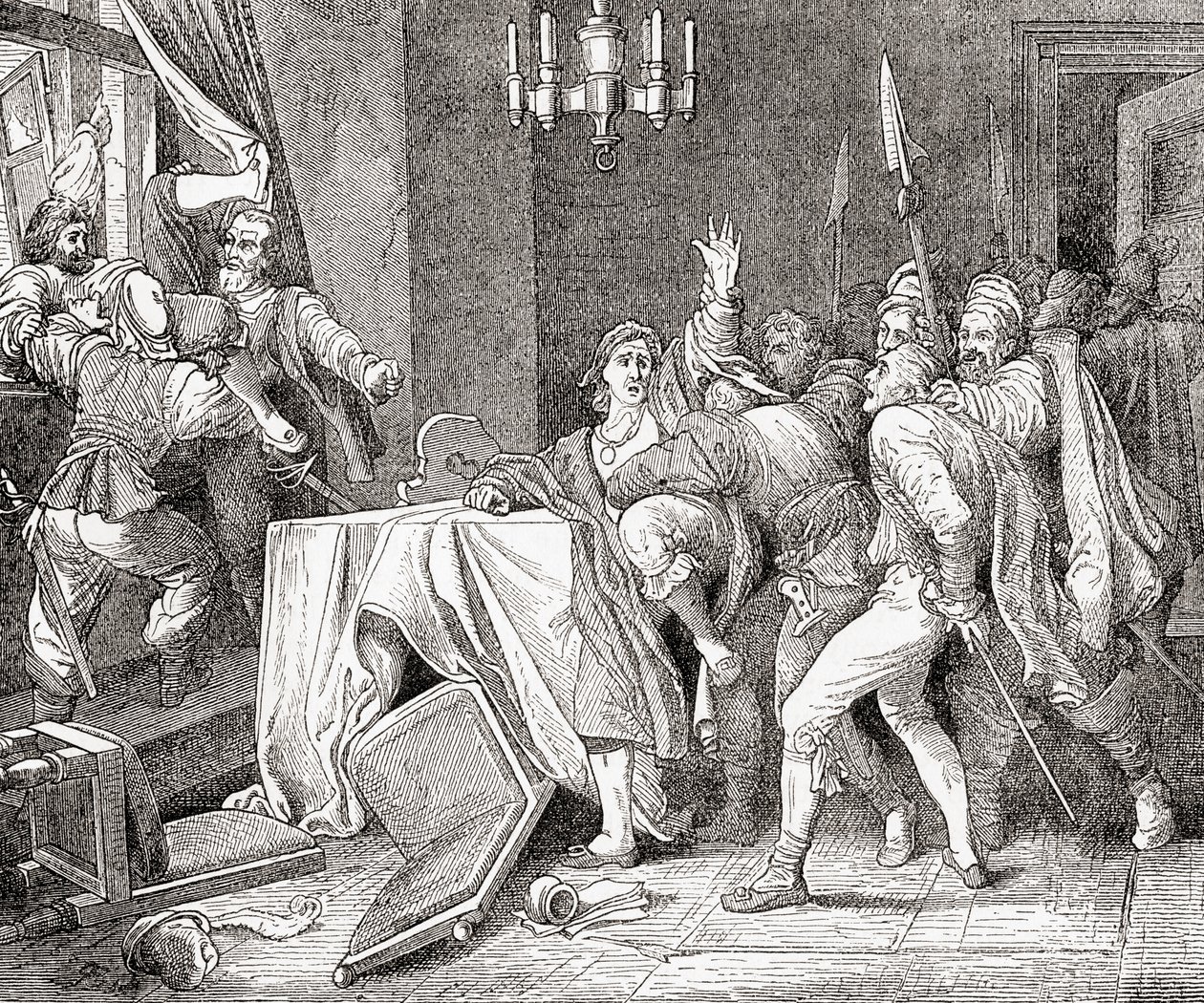 Jaroslav Brita de Martinice y Vilem Slavata de Chlum arrojados por la ventana del palacio en Praga durante la Defenestración de Praga en 1618, de Ward y Locks Illustrated History of the World de English School