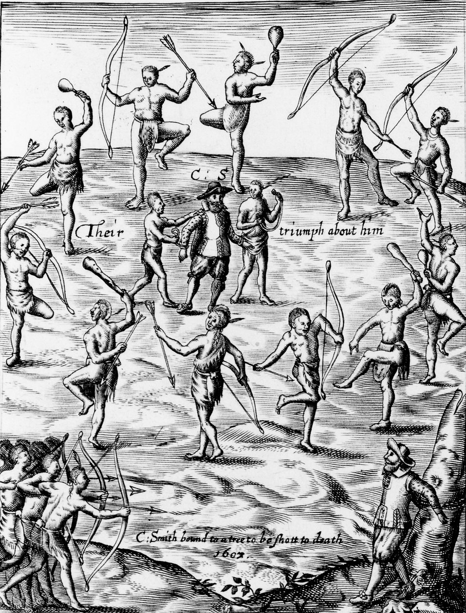 John Smith siendo capturado y amenazado de muerte por los nativos americanos de Virginia en 1607, 1624 (detalle) de English School