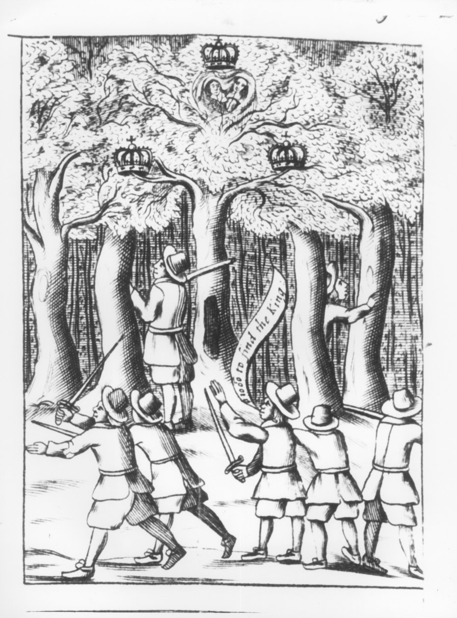 El rey Carlos II (1630-85) escondido en un roble en Boscobel después de su derrota en la batalla de Worcester en 1651, publicado en 1660 de English School