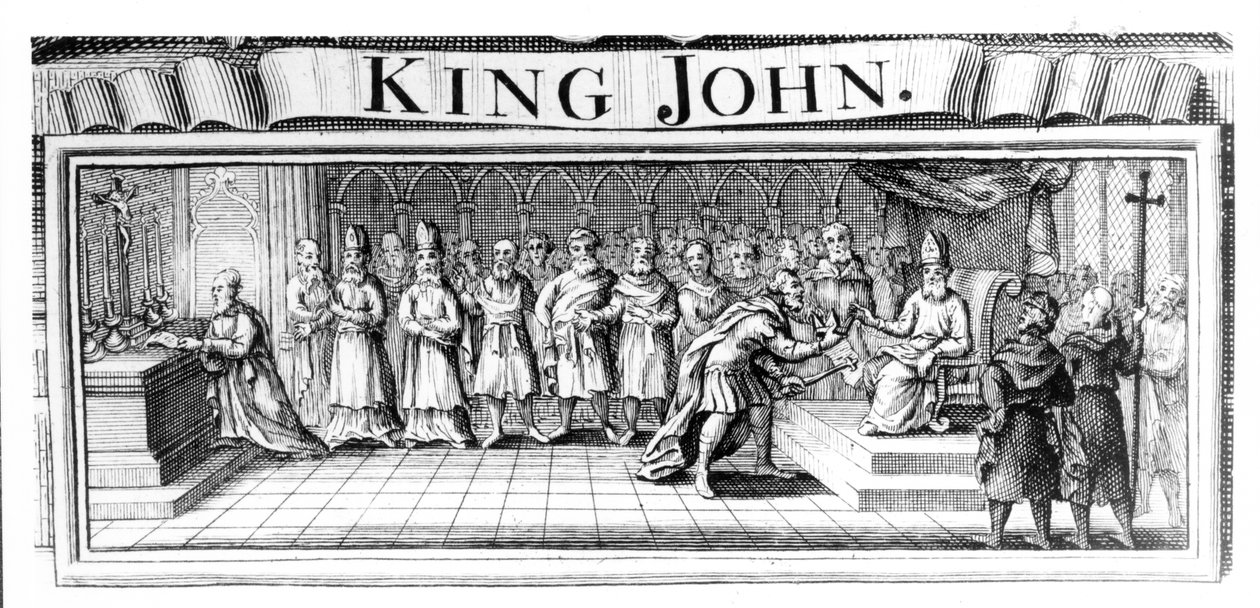 El Rey Juan entrega su corona a Pandulfo Masca, legado papal, en Dover en mayo de 1213 de English School