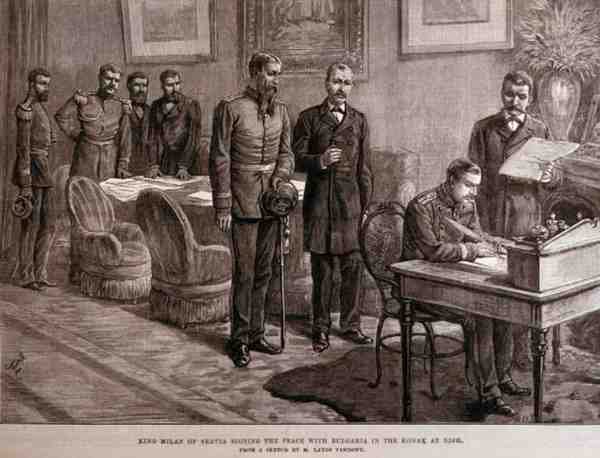El rey Milán de Servia firmando la paz con Bulgaria en el Konak en Nish, de The Illustrated London News, 4 de marzo de 1886 de English School