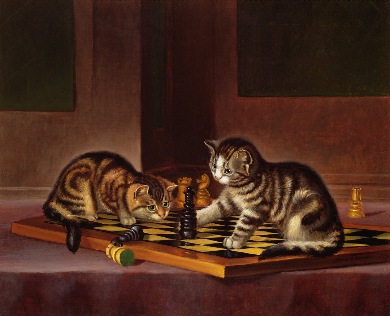 Gatitos jugando al ajedrez, c.1860 de English School