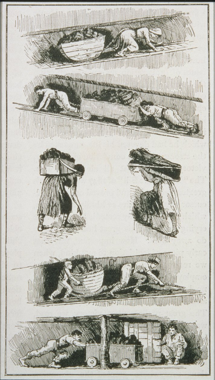 Trabajadores (incluyendo una mujer y un niño) en Minas de Carbón antes de 1843 de English School