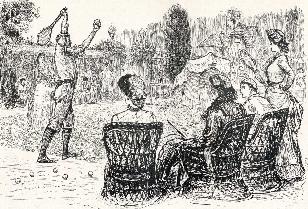 Tenis en césped en 1883, grabado del dibujo original en la revista Punch, de 