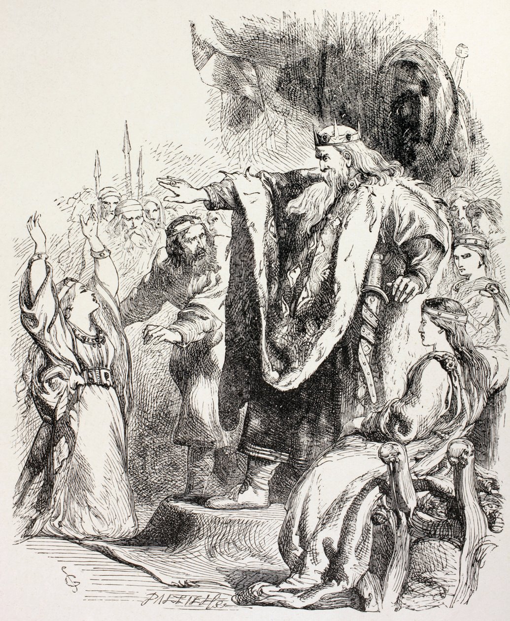 Lear cree que Cordelia no lo ama y la destierra, ilustración de King Lear, de 