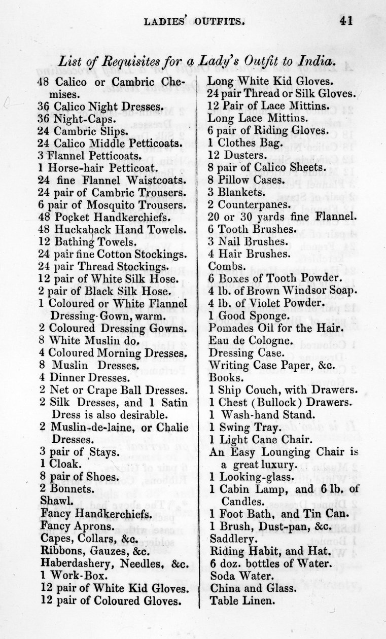 Lista de requisitos para el atuendo de una dama en India, de 