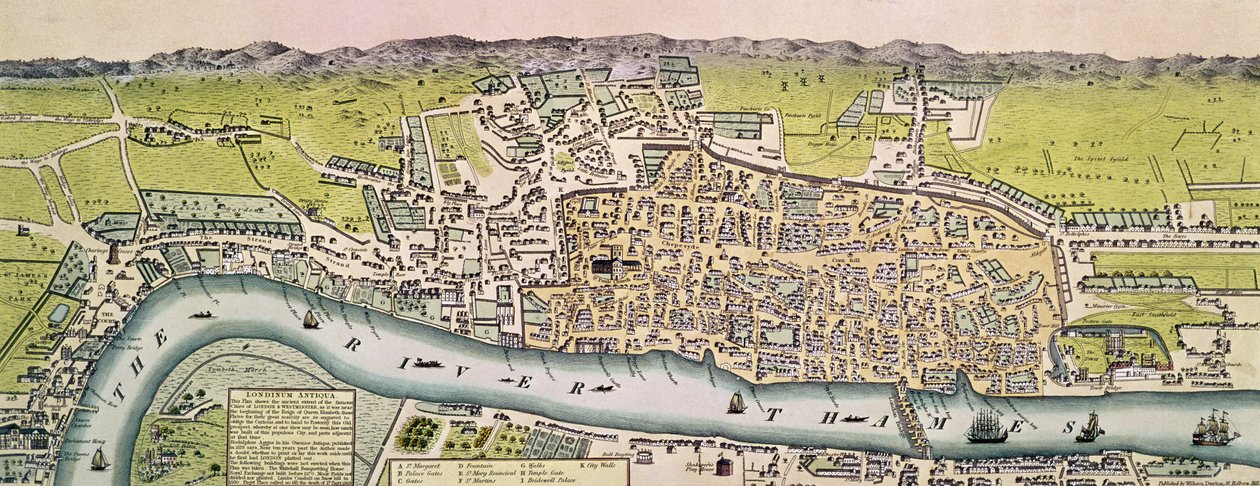 Londinium Antiqua, mapa de Londres, publicado por William Darton, 1563 de English School