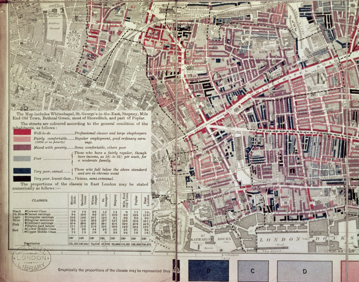 Londres: sección de Whitechapel, de un mapa descriptivo de la pobreza del East End, 1887 de English School