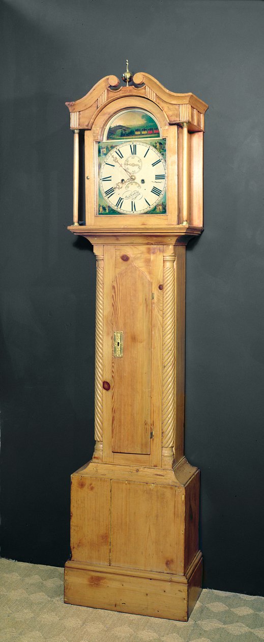 Reloj de pie, con pintura esmaltada de un tren en la esfera, c.1850 de English School