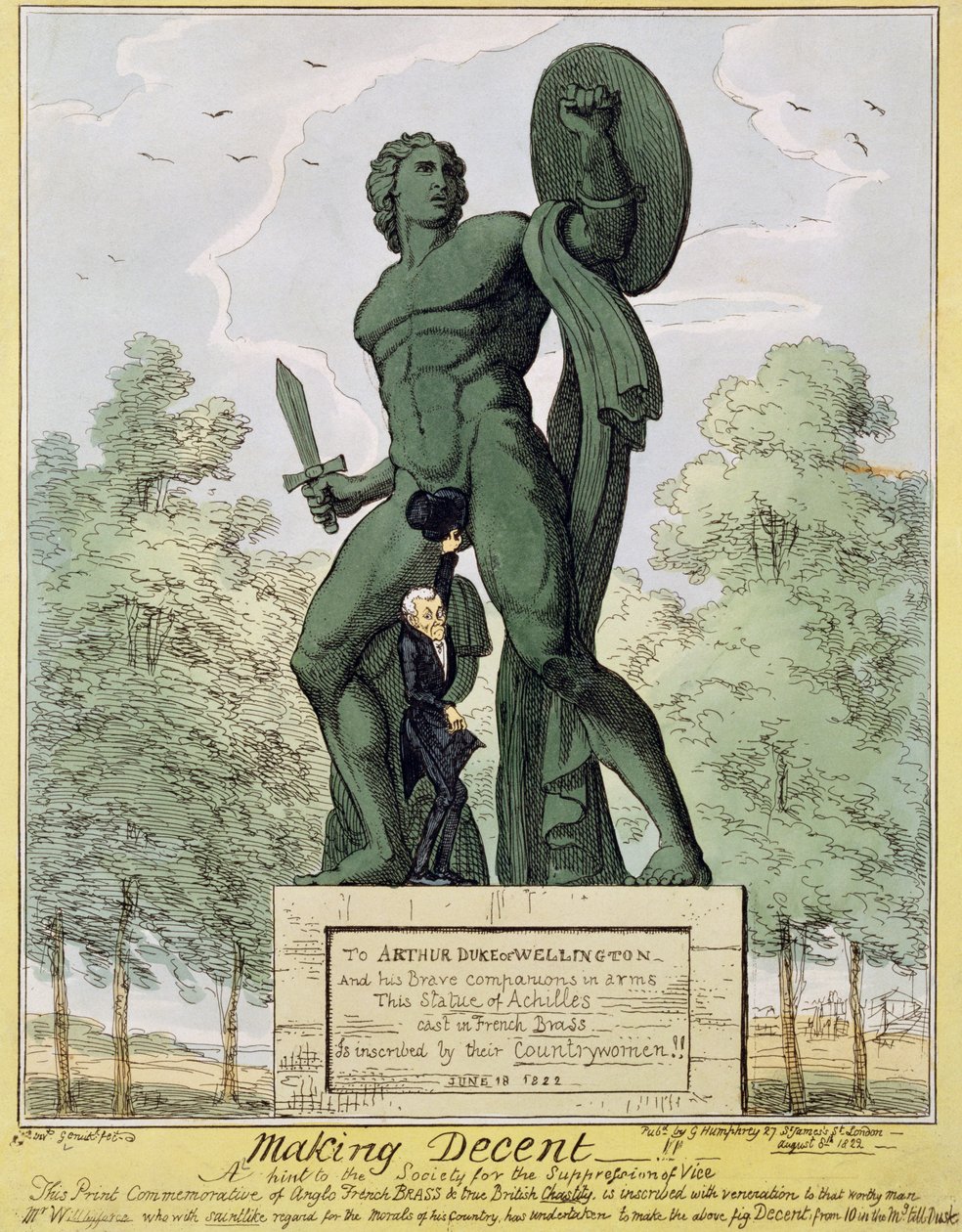 Haciendo Decente, caricatura mostrando a William Wilberforce cubriendo la estatua de Aquiles en Hyde Park Corner, por Richard Westmacott de English School