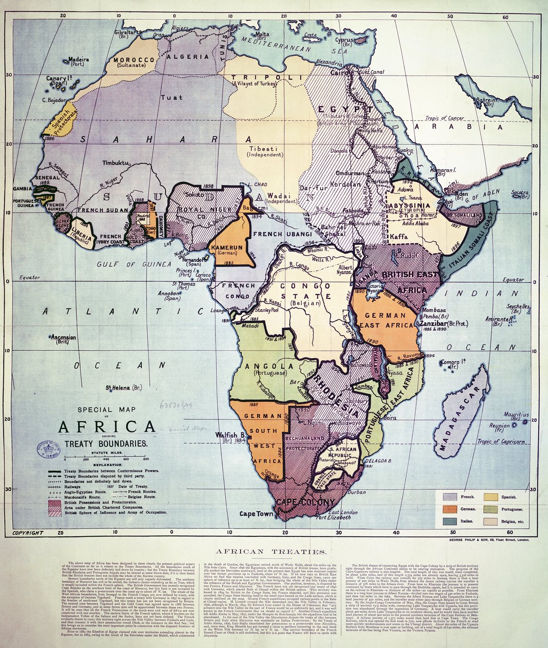 Mapa de África mostrando límites de tratados, 1891 de English School