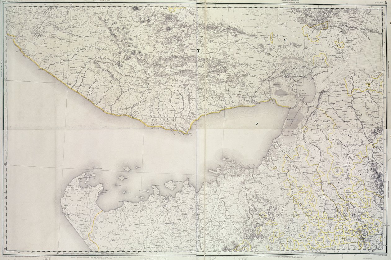 Mapa de Cutch y Kathiawar, publicado bajo la dirección del Coronel G.C. de Pree, S.C., Agrimensor General de la India, 1885 de English School