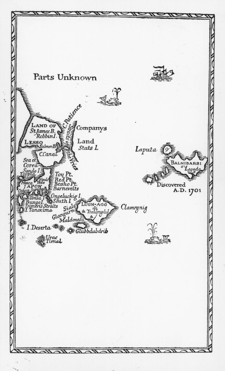 Mapa de Laputa, Balnibari, Luggnagg, Glubbdubdrib y Japón, ilustración de la primera edición de 