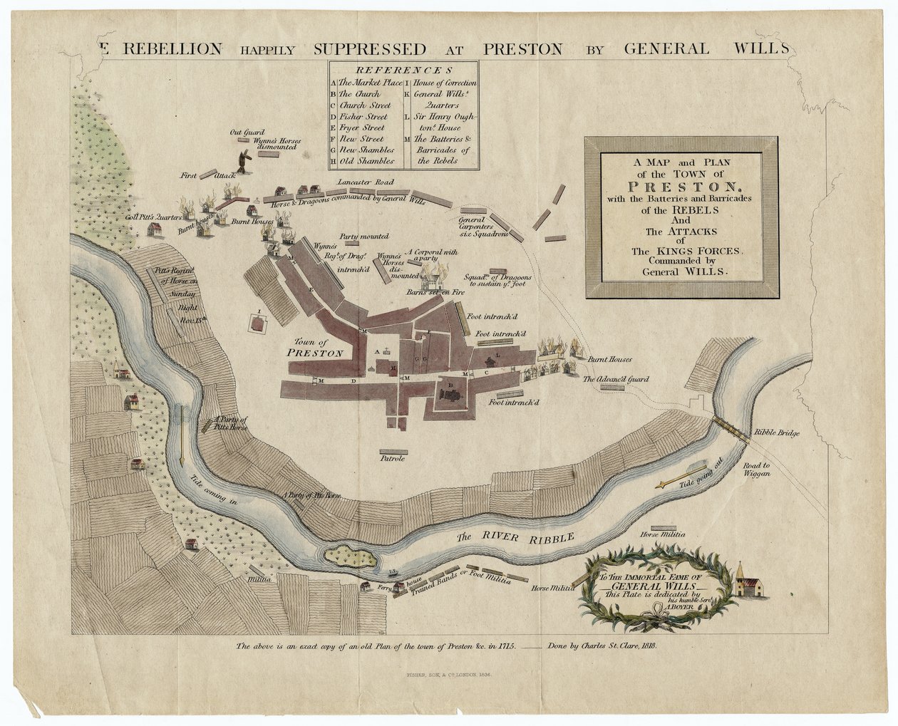 Mapa de la Batalla de Preston de 1715, 1818 (grabado coloreado a mano) de English School