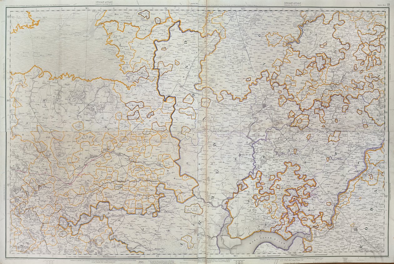 Mapa del estado de Gujarat en India, publicado bajo la dirección del Coronel J.T. Walker, C.B., R.E., F.R.S., Agrimensor General de India, 1879 de English School