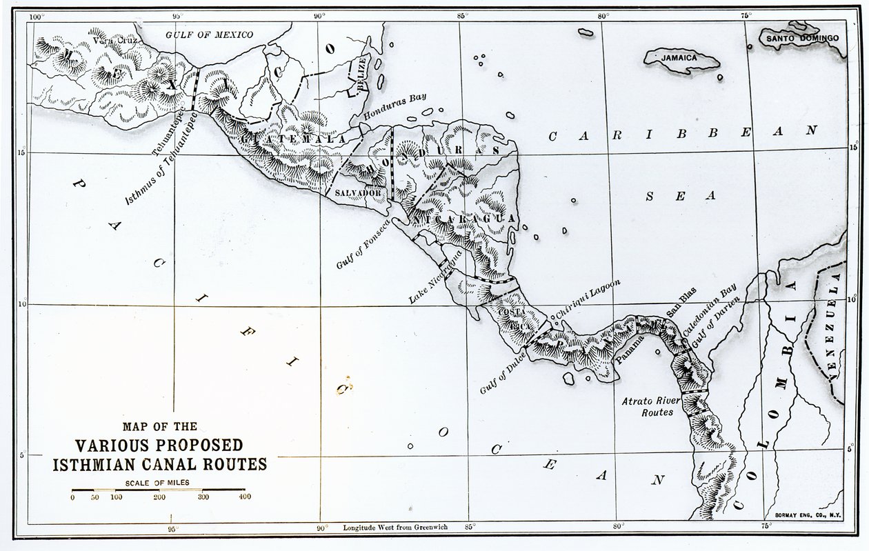 Mapa de las diversas rutas propuestas del canal del istmo de English School