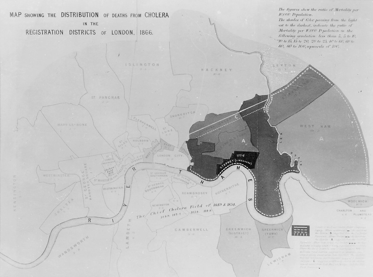 Mapa que muestra la distribución de muertes por cólera en los distritos de registro de Londres, 1866 de English School
