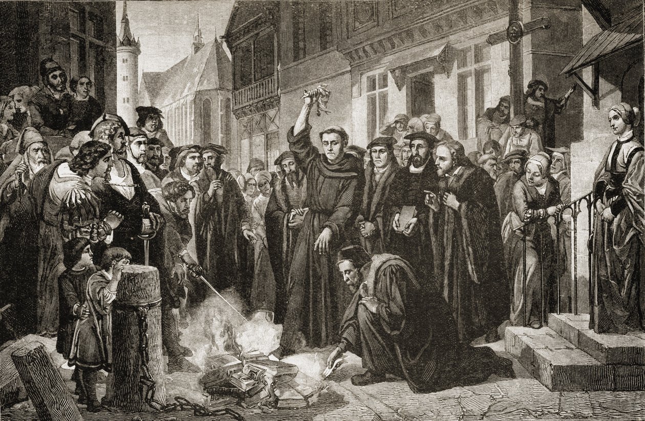 Martín Lutero (1483-1556) quemando la Bula Papal en 1520 de English School