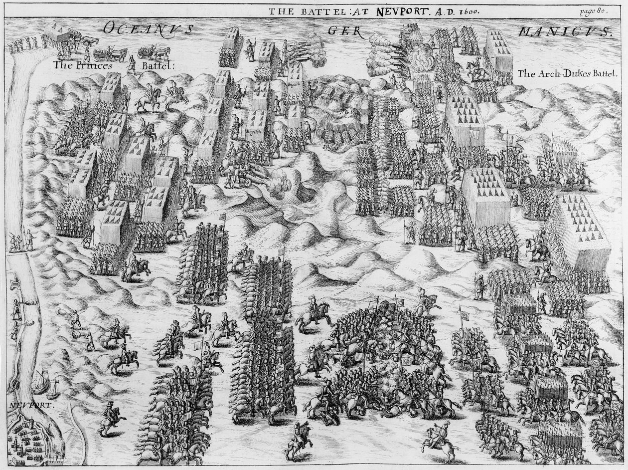 Mauricio derrota a los austriacos en la Batalla de Nieuport, 1600 de English School