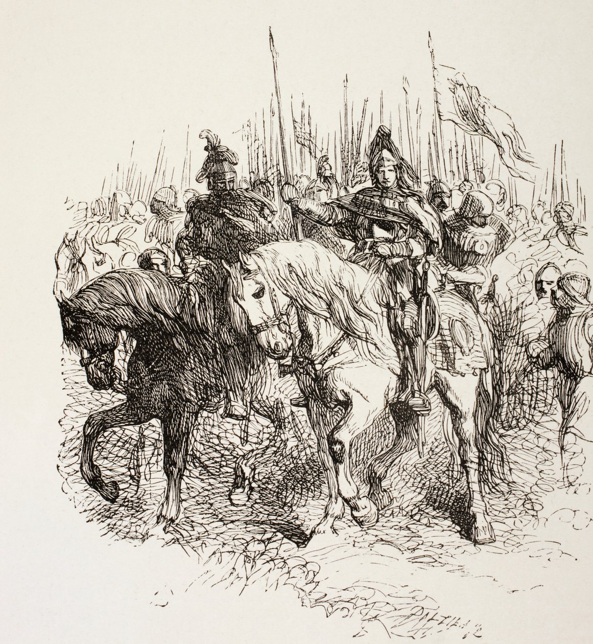 Ejército medieval en marcha liderado por caballeros a caballo, de 