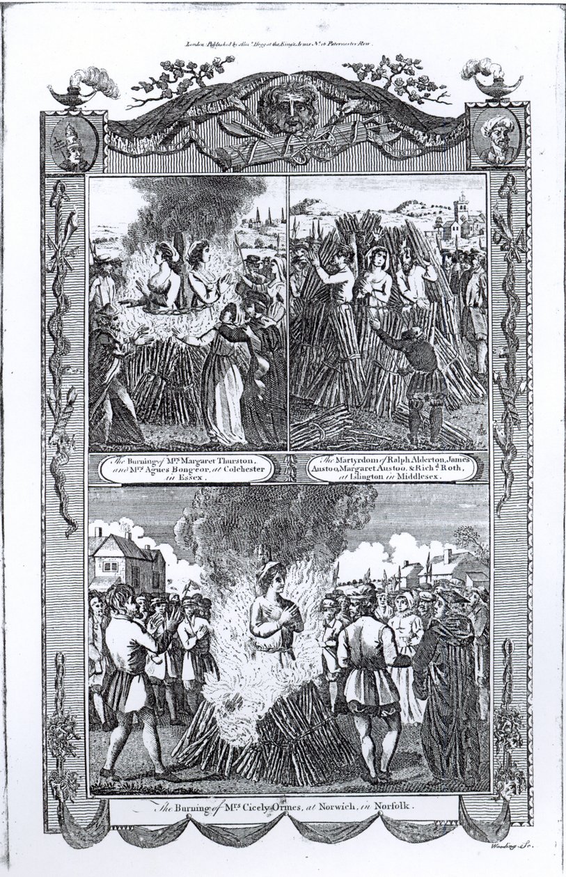 Hombres y mujeres quemados en la hoguera en 1557, de una edición de 