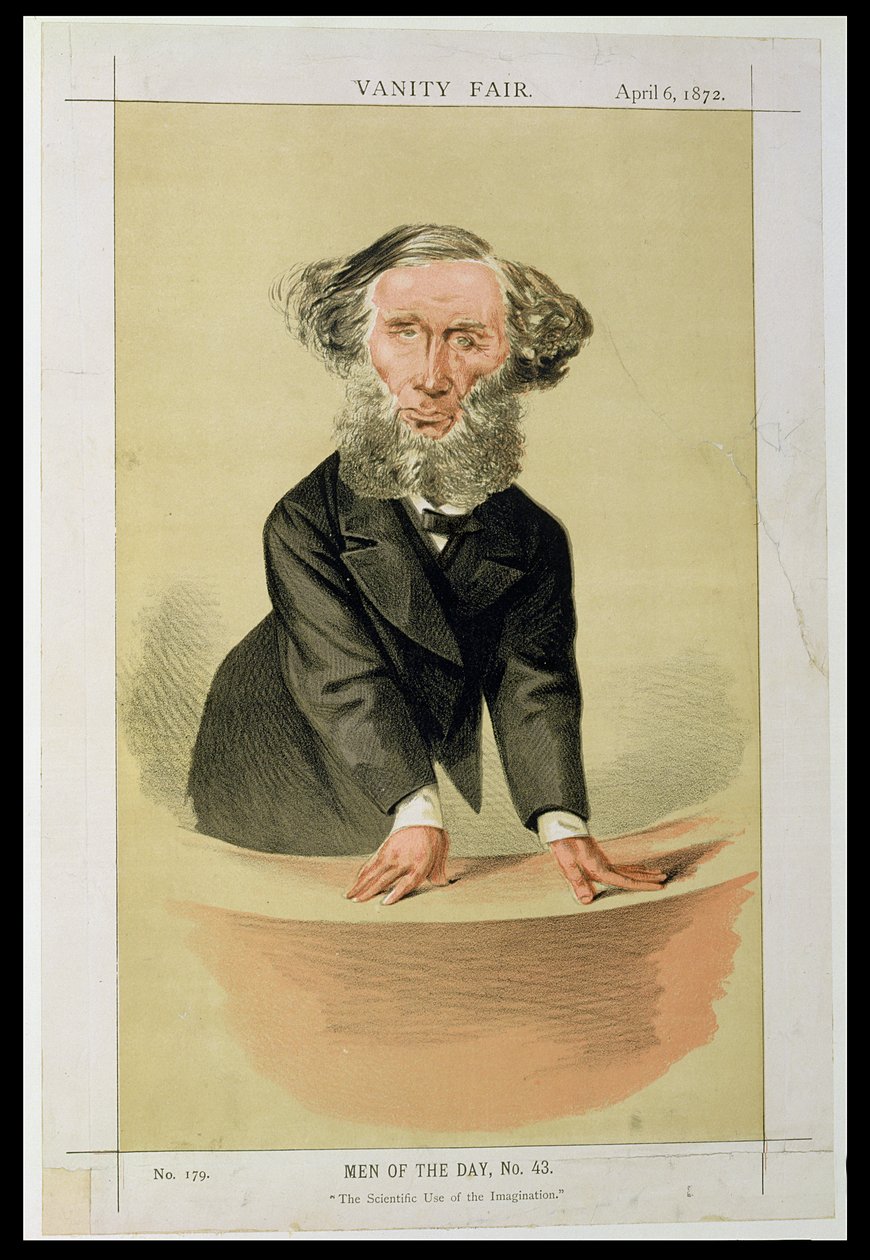 Hombres del día, No.43 El uso científico de la imaginación, caricatura de John Tyndall dando una conferencia, 1872 de English School