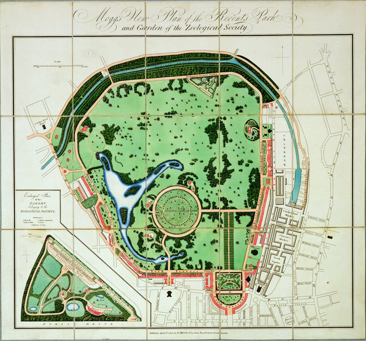 Nuevo plano de Moggs del Regents Park y el jardín de la Sociedad Zoológica, publicado por Edward Mogg, 1828 de English School