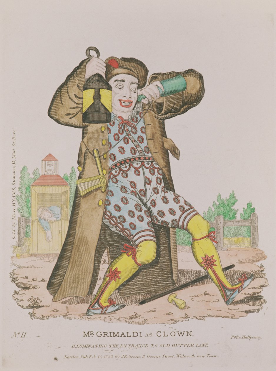 El Sr. Grimaldi como payaso, iluminando la entrada a Old Gutter Lane, pub. 1833 de English School