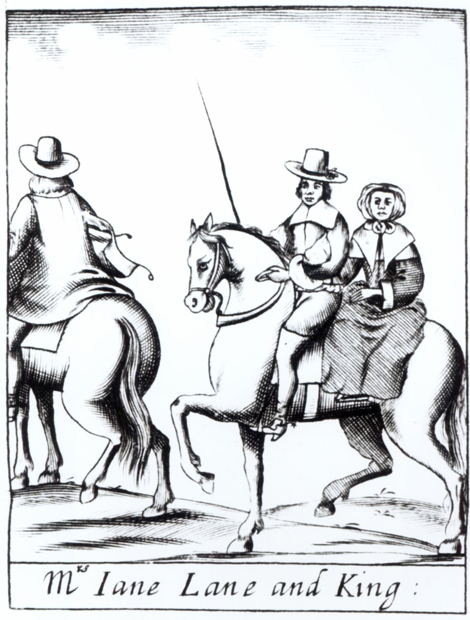 La Sra. Jane Lane cabalgando con el Rey Carlos II (1630-85) después de la derrota en la Batalla de Worcester en septiembre de 1651, publicado en 1660 de English School