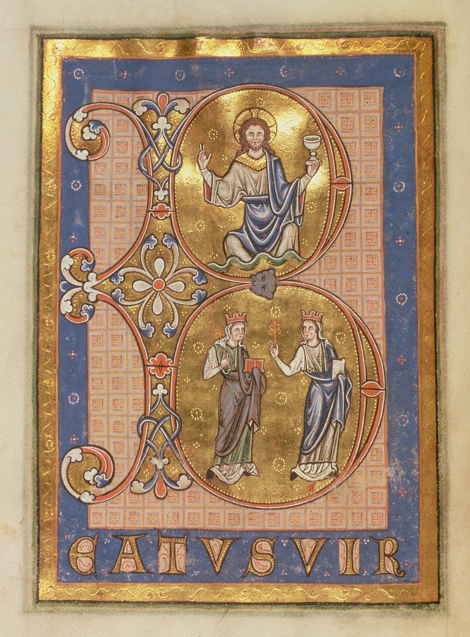 Ms 12 f.12v Inicial B representando, arriba: Cristo sentado, abajo: dos mujeres representando Misericordia y Verdad, del Salterio de Peterborough, c.1260 de English School