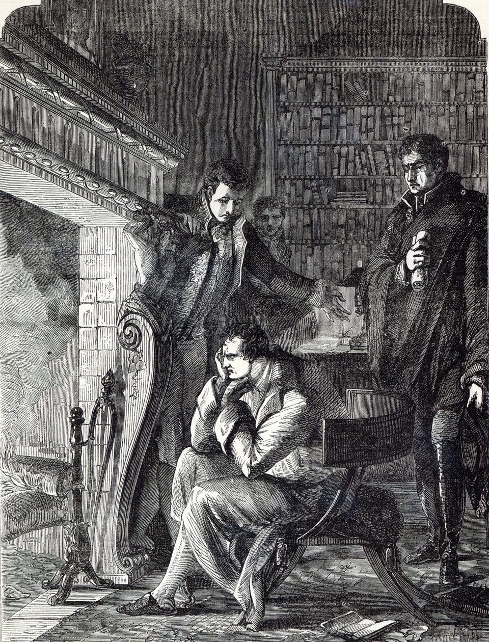 Napoleón meditando junto al fuego la noche antes de su abdicación y partida de Fontainebleau el 20 de abril de 1814 de English School