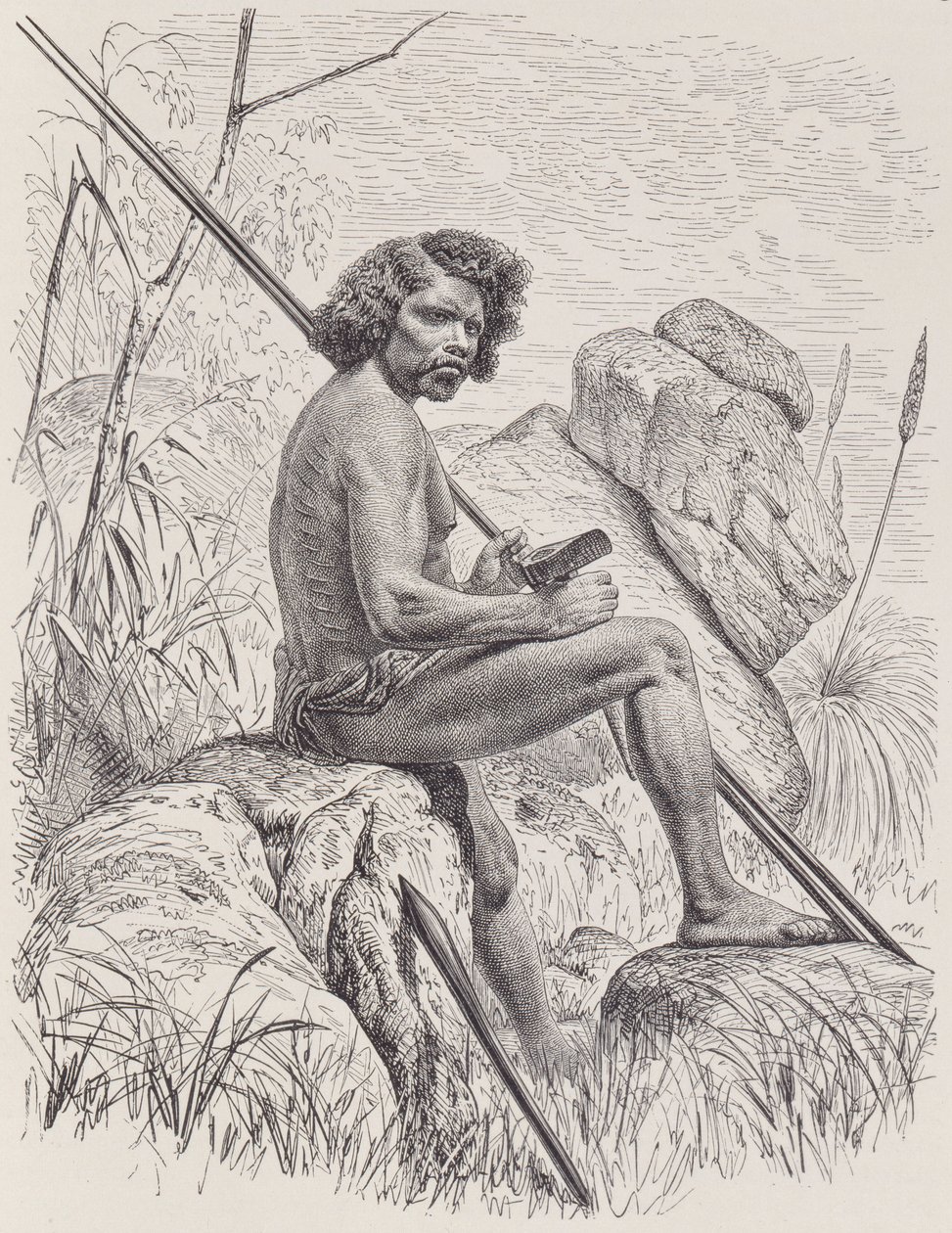 Norte australiano con lanzas, hacha y garrotes, de La Historia de la Humanidad, Vol.1, por Friedrich Ratzel, 1896 de English School