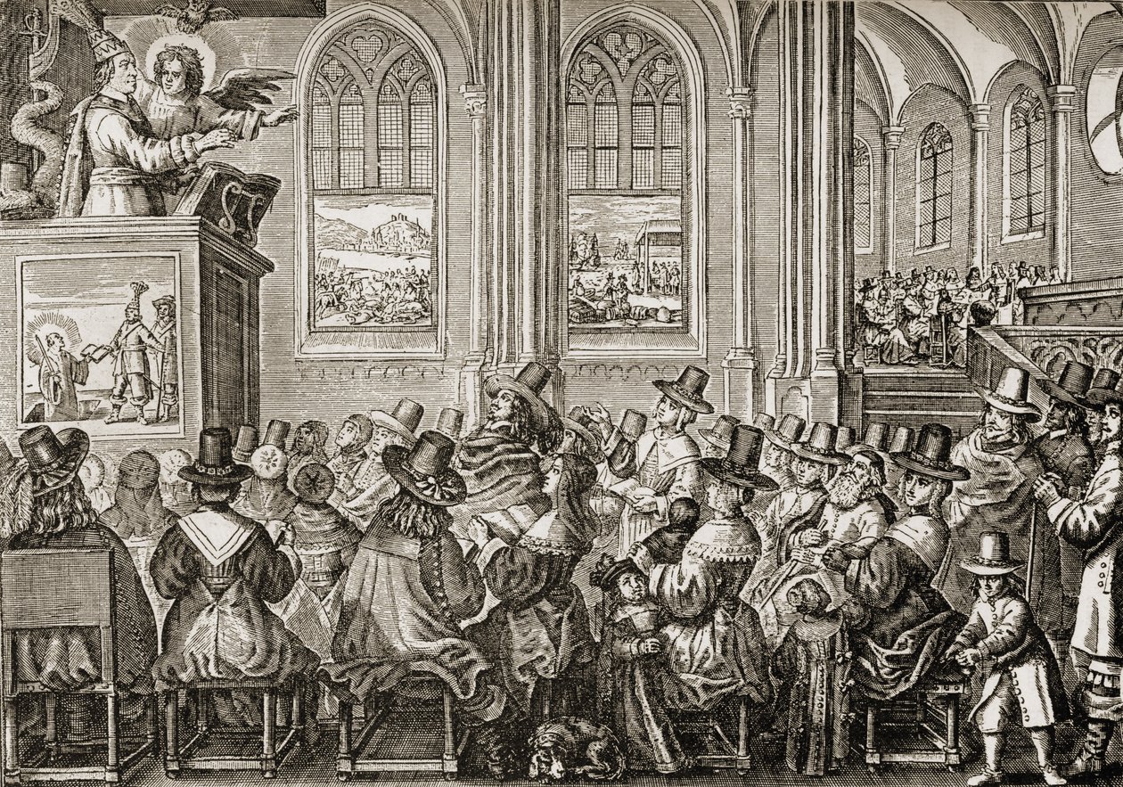 Oliver Cromwell (1599-1658) predicando a una congregación puritana de English School