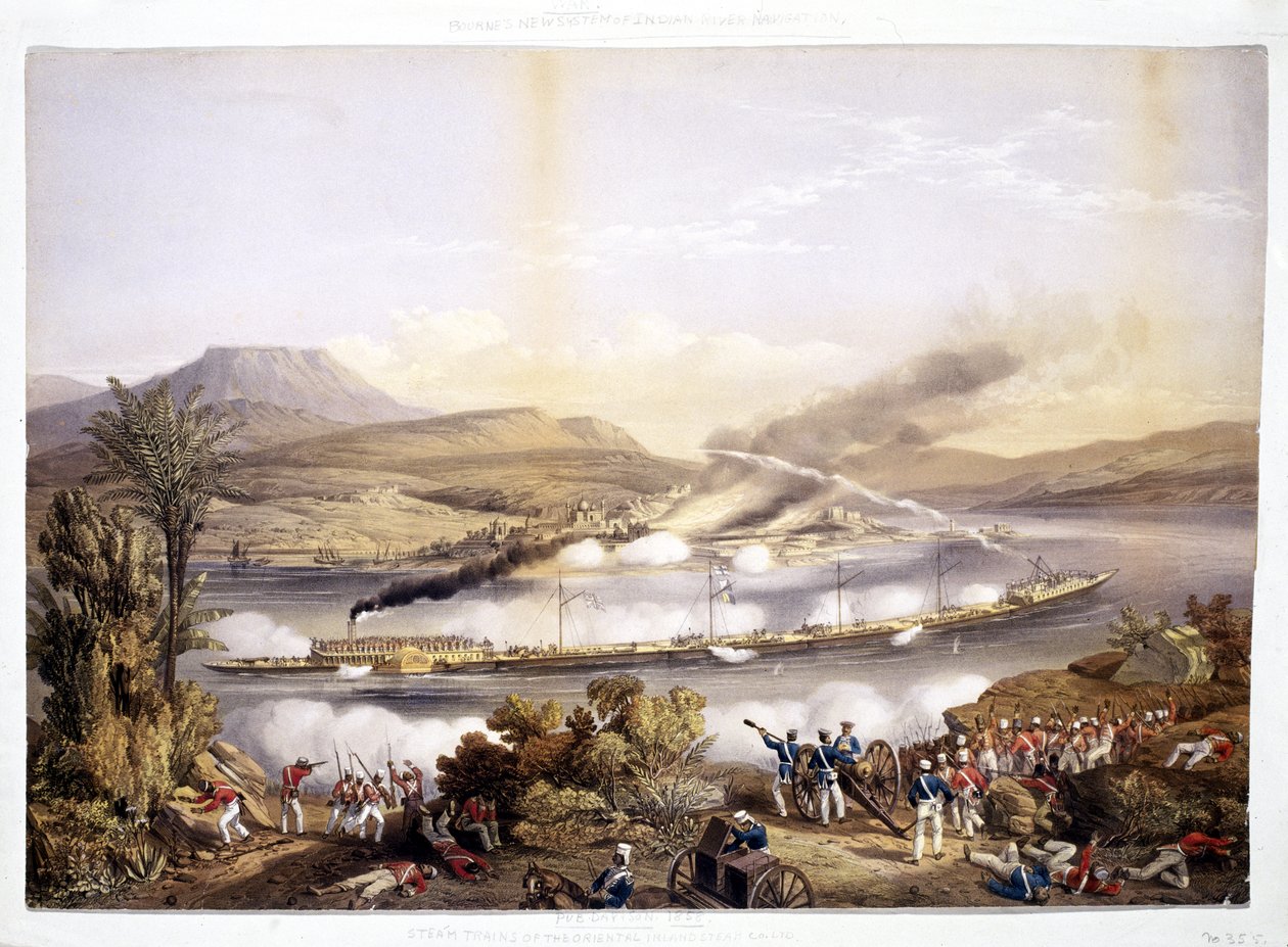 Vapor de paletas y barcazas, del Sistema de Navegación del Río Indio por John Bourned, 1858 de English School