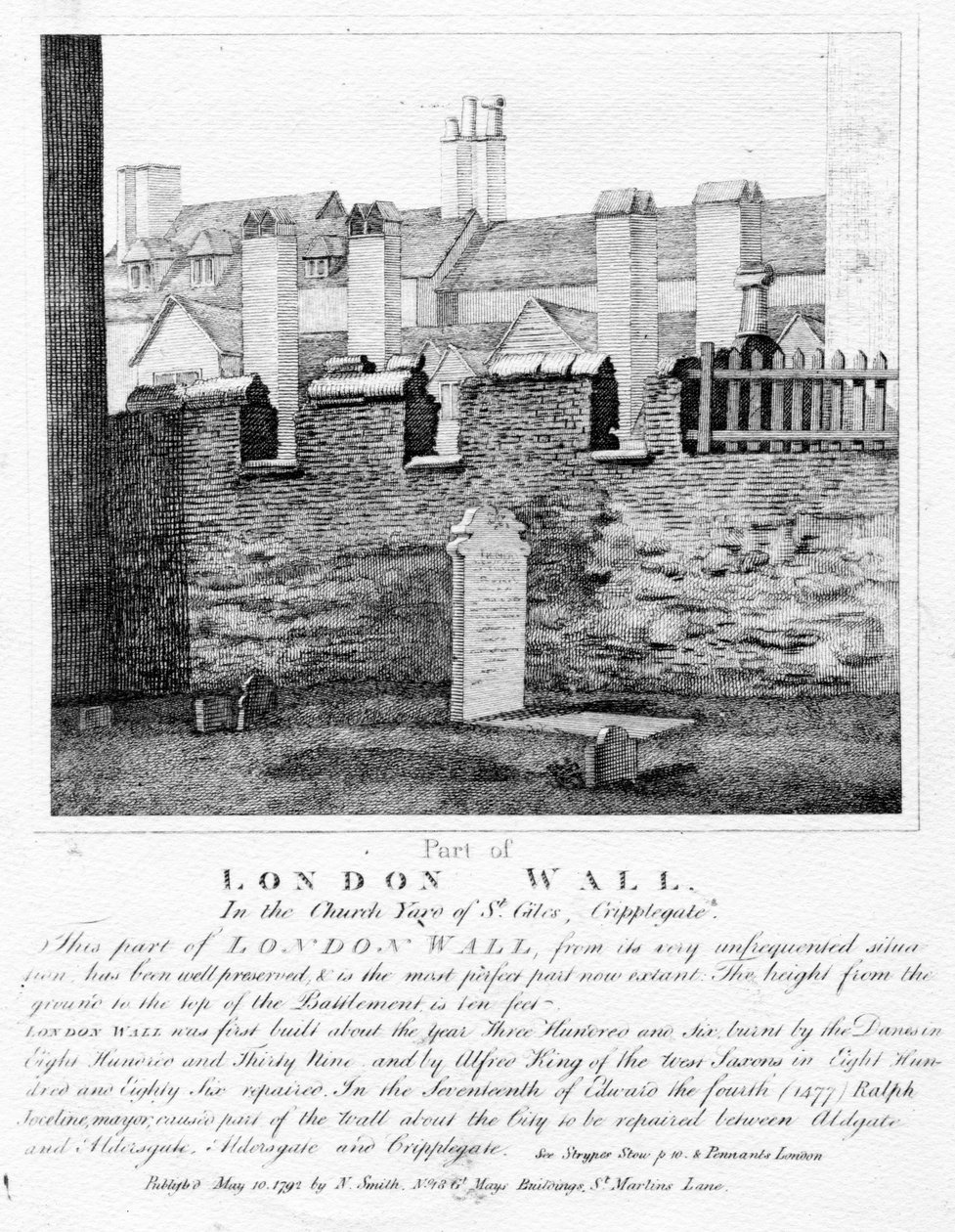 Parte del Muro de Londres, en el cementerio de la Iglesia de San Giles, Cripplegate, publicado en 1792 de English School