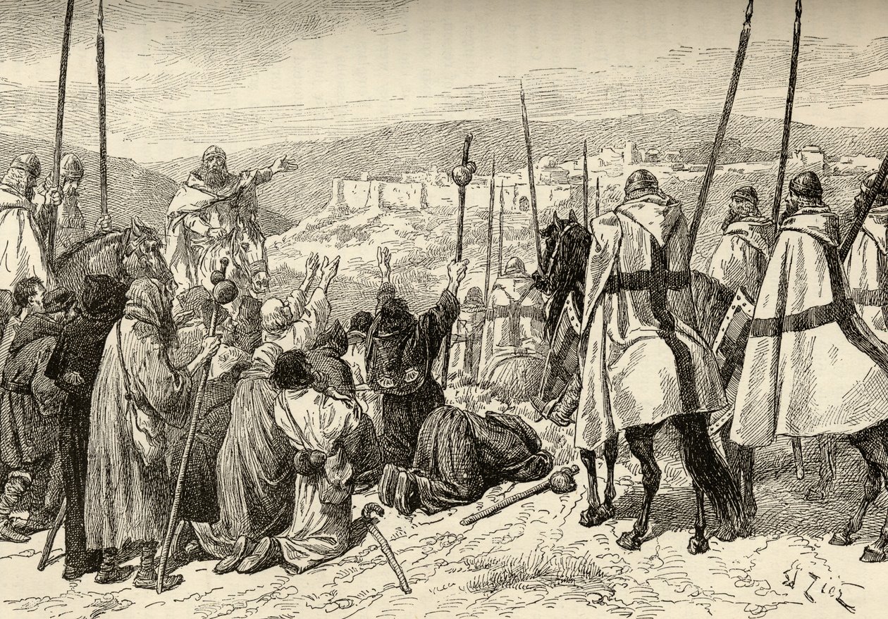 Peregrinos bajo escolta de los Caballeros Templarios frente a Jerusalén en el siglo XII de English School